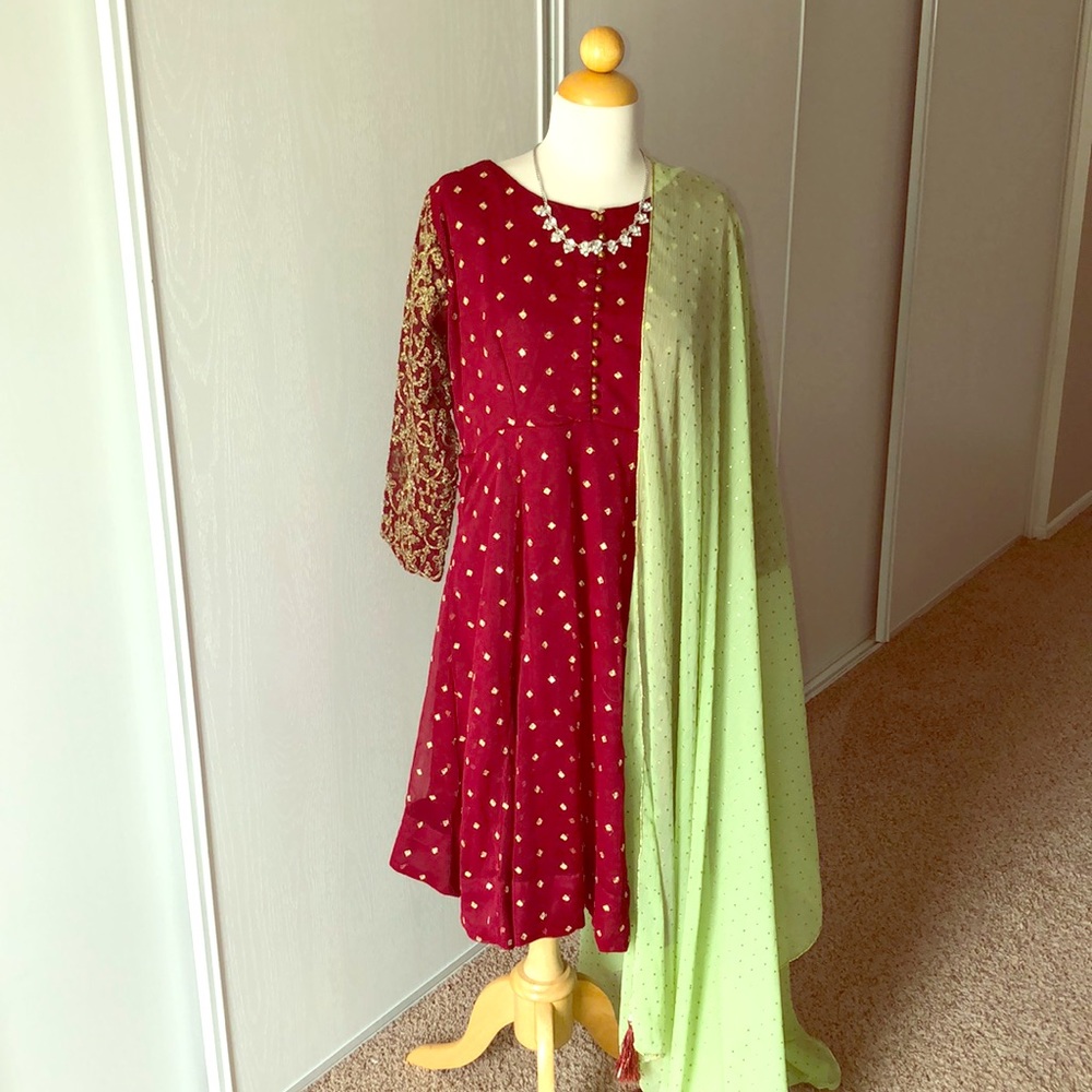 Beautiful Pakistani Maroon and Parot Green Dress